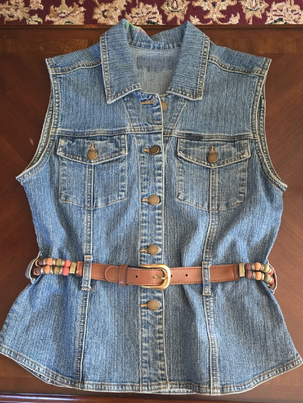 Denim Sleeveless Vest with Brown Belt.. So Cute!